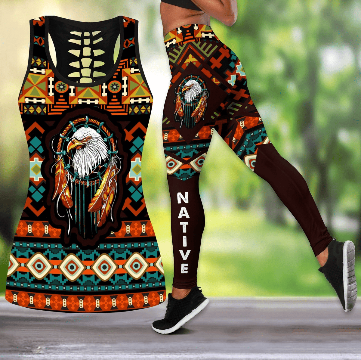 Multicolor racerback tank with eagle dreamcatcher graphic and matching leggings