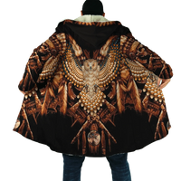 Back view of unisex hooded cloak, Native-style beadwork graphic with ornate center motif