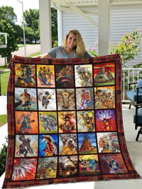 Pow wow quilt, multicolor grid of dancers in feathered regalia with patterned border