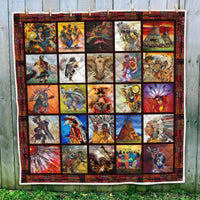 Pow wow quilt hung with multicolor photo-style panels of dancers, tepees, and animals