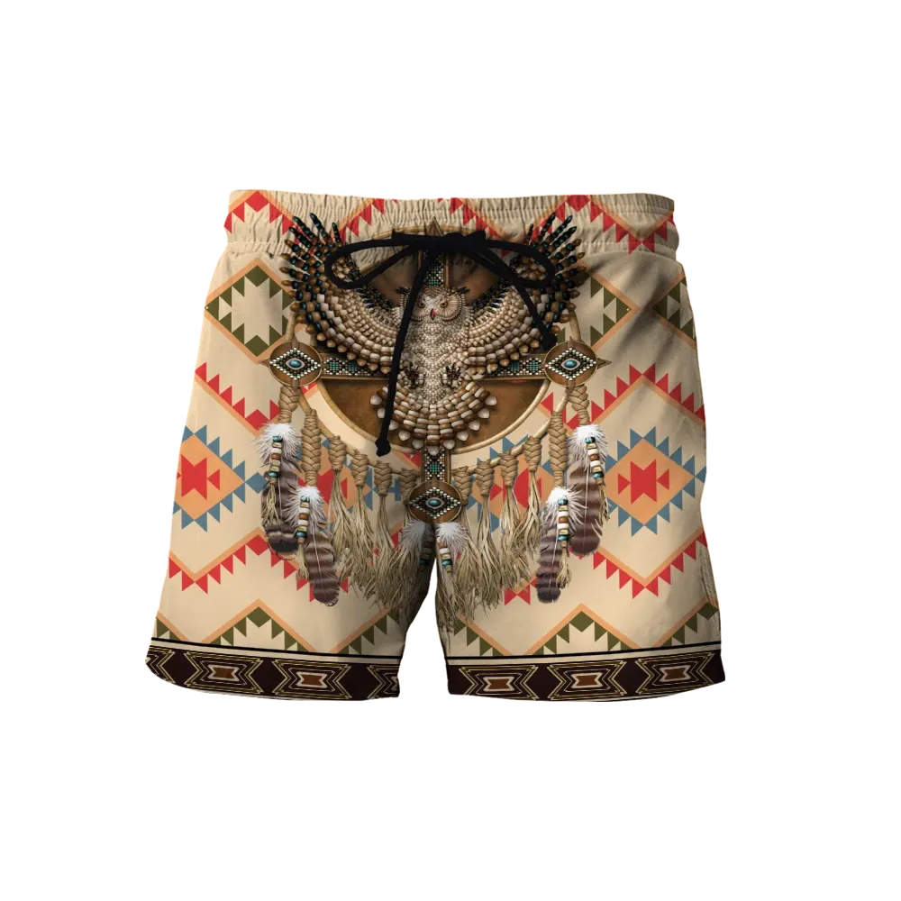 Men’s all-over printed shorts with Native dreamcatcher graphic, feathers, beads