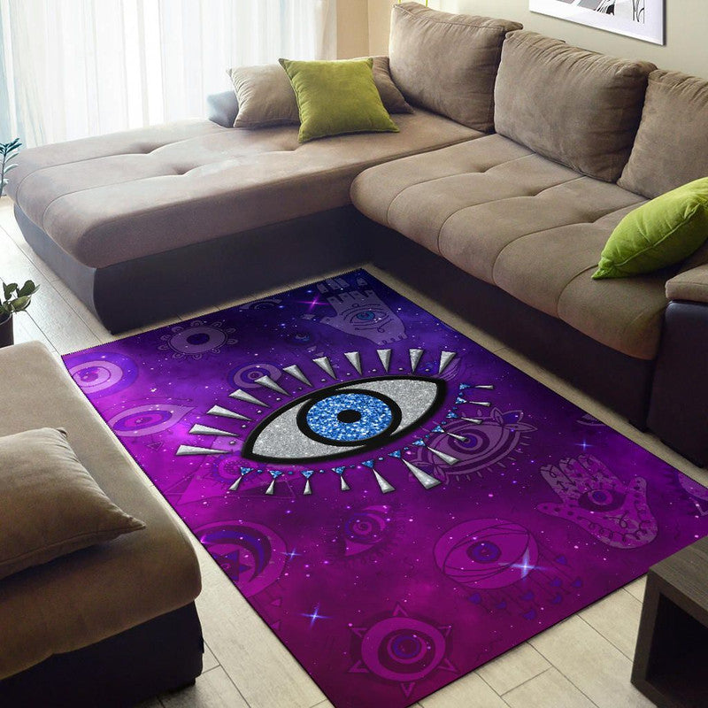 Purple evil eye area rug with cosmic hand and eye symbols in living room