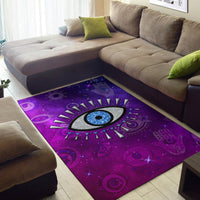 Purple evil eye area rug with cosmic hand and eye symbols in living room