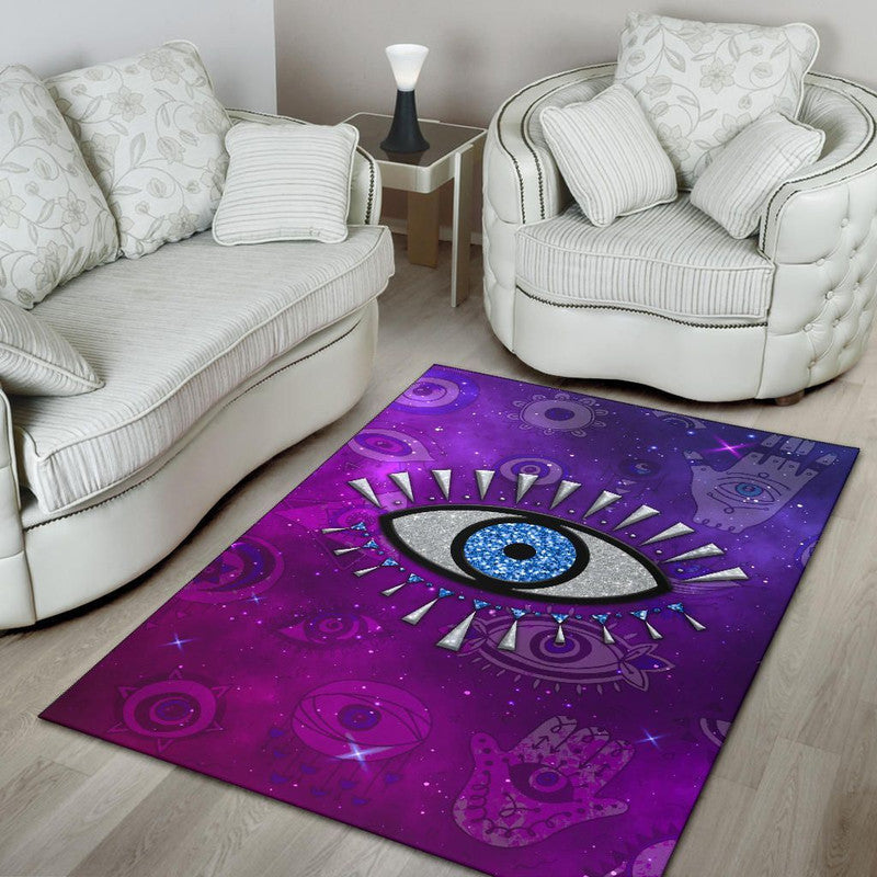 Purple evil eye rug with large blue eye emblem and radiating spikes