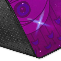 Rug corner edge: black backing with purple universe pattern