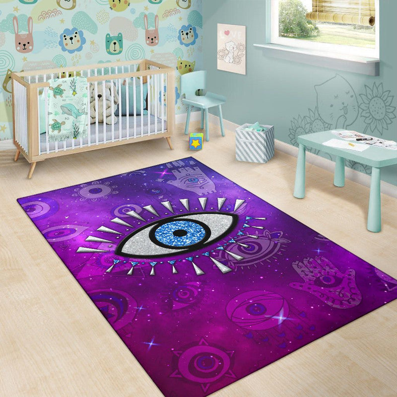 Purple cosmic evil eye rug with blue eye center in a child’s room