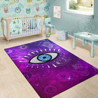 Purple cosmic evil eye rug with blue eye center in a child’s room