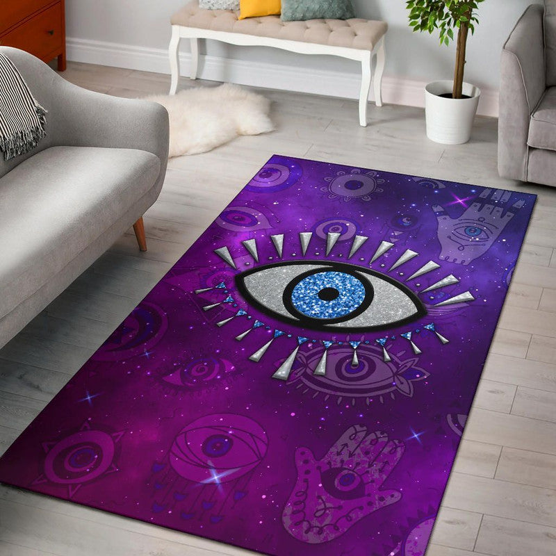 Purple Universe-style evil eye rug with blue eye and star motifs
