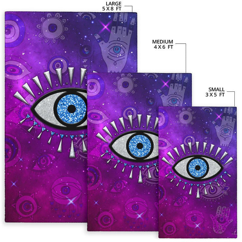 Purple evil eye area rug sizes: small 3x5 ft, medium 4x6 ft, large 5x8 ft