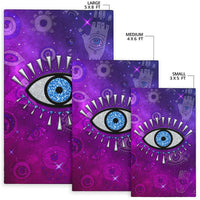 Purple evil eye area rug sizes: small 3x5 ft, medium 4x6 ft, large 5x8 ft