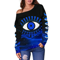 Black off-shoulder sweater with oversized blue eye print and small eye details