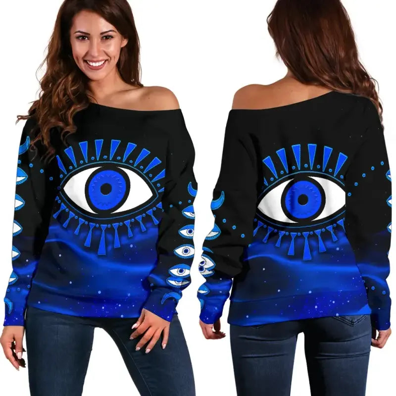 Black off-shoulder sweatshirt front/back view with blue evil eye graphic