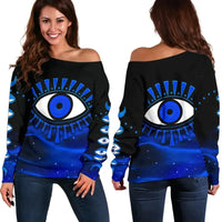 Black off-shoulder sweatshirt front/back view with blue evil eye graphic