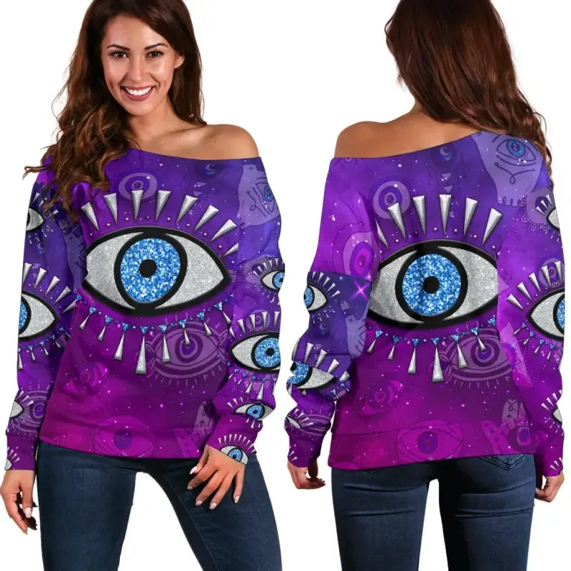Purple off-shoulder sweatshirt, evil eye print on back, long sleeves