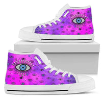 Pink high-top sneakers with white laces and evil eye graphic on the front