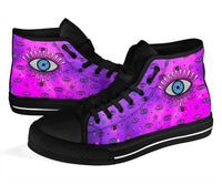 Black high-top sneakers with purple-pink evil eye print and black laces
