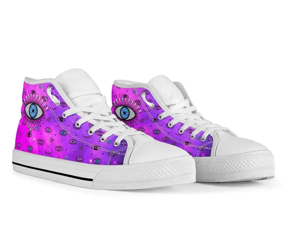 White high-top sneakers with pink-purple evil eye print and white laces