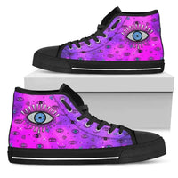 Black high-top sneakers with pink-purple evil eye graphic and black laces