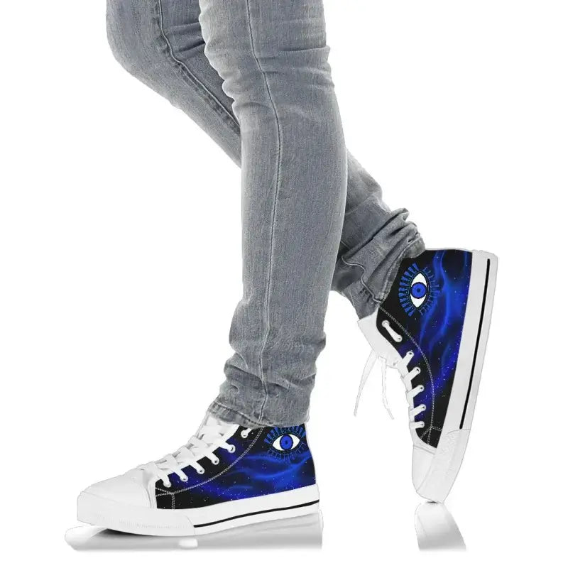 Blue high-top sneakers with evil eye graphic, white sole, black side stripe and laces