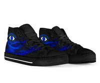 Pair of black high-top sneakers with blue evil eye graphic, lace-up front and white stripe