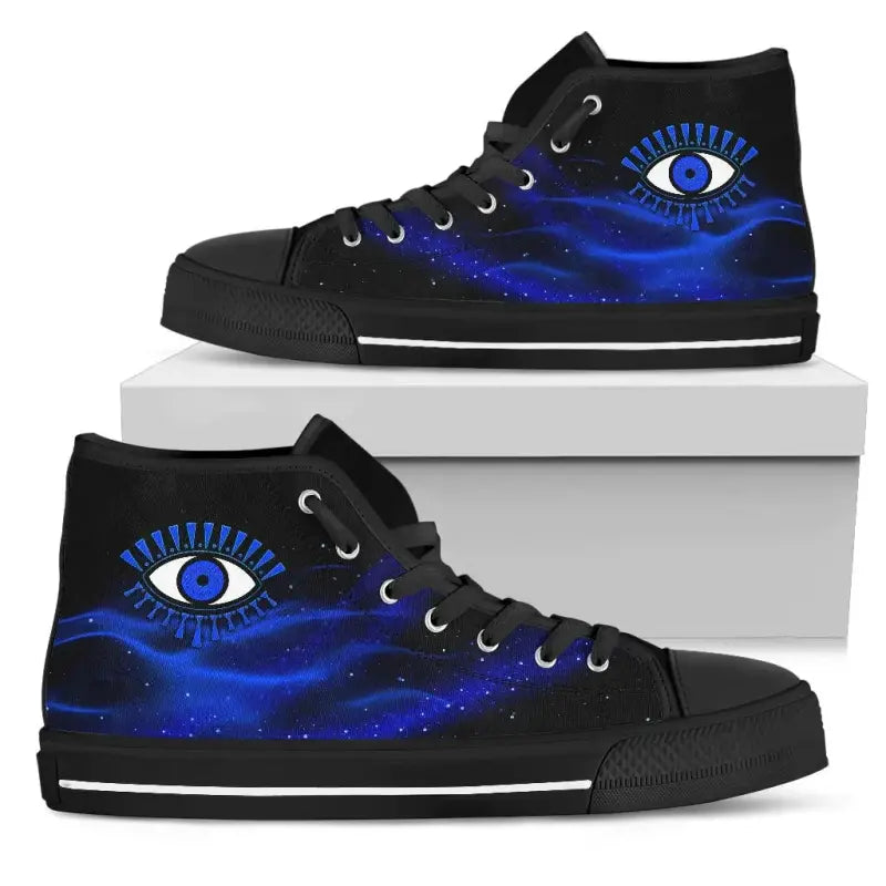 Black high-top sneakers with blue evil eye graphic on display, front toe and side stripe