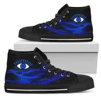 Black high-top sneakers with blue evil eye graphic on display, front toe and side stripe