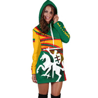 Hooded Lithuania flag hoodie dress, green and yellow panels with white horse emblem