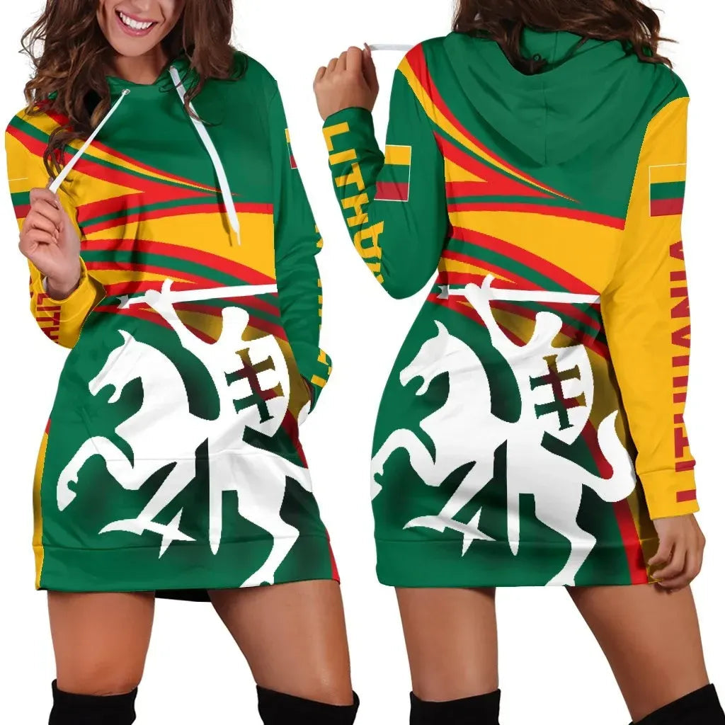 Lithuania flag hoodie dress in green/yellow/red with white horse emblem; front hood