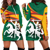 Lithuania flag hoodie dress in green/yellow/red with white horse emblem; front hood