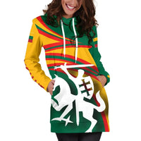 Torso view of Lithuania flag hoodie dress with hood and white drawstrings; horse emblem