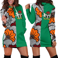 Green hoodie dress with Ankara print, long sleeves, kangaroo pocket, white drawstring hood