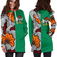 Green and white Ankara hoodie dress, long sleeves, front pocket, drawstring hood
