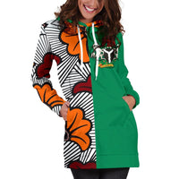 Green Ankara hoodie dress, long sleeves, kangaroo pocket, striped floral print panels