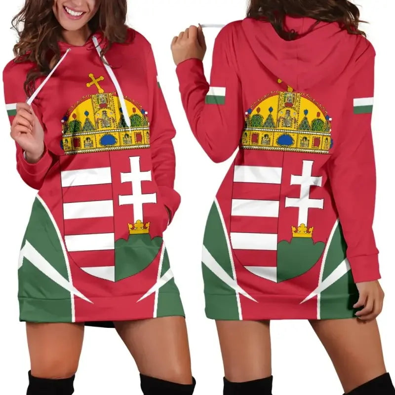 Red hoodie dress with Hungary shield graphic, white drawstring, and green hem panels