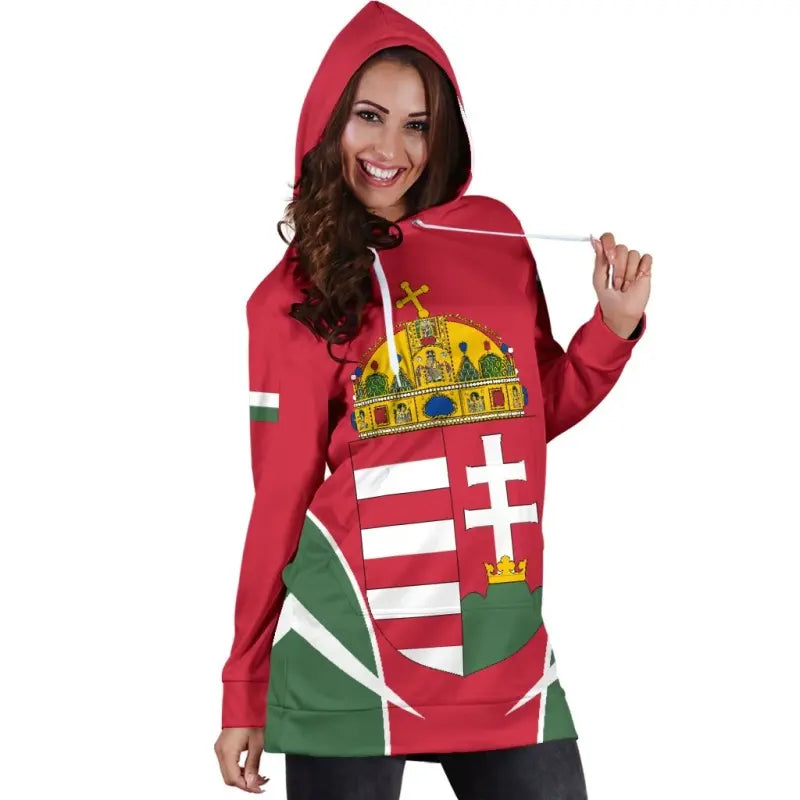 Red hoodie dress, hood up, large Hungary crest on back with striped graphic