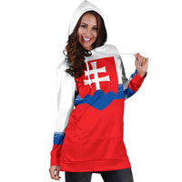 Slovakia flag print hoodie dress with drawstring hood, red kangaroo pocket, long sleeves