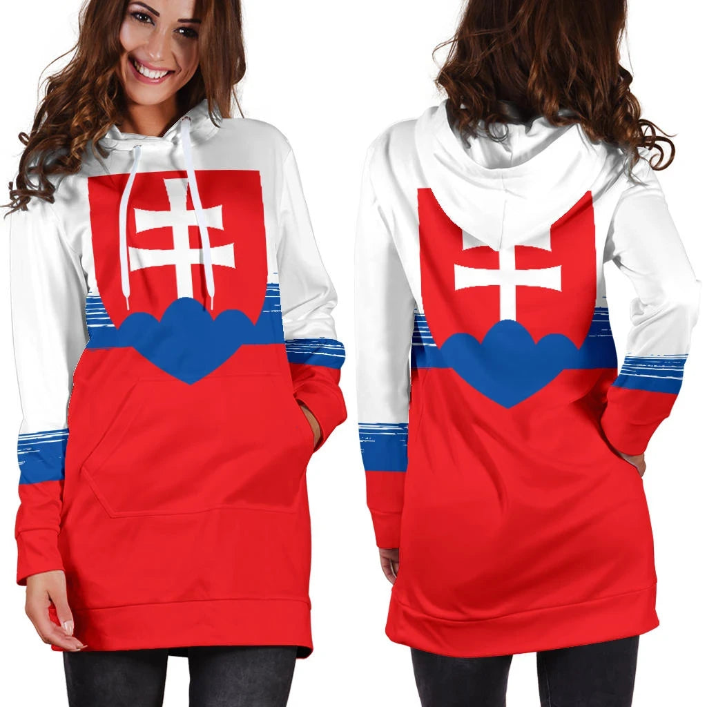 Hoodie dress with white hood and sleeves, red body, blue heart graphic, front pocket