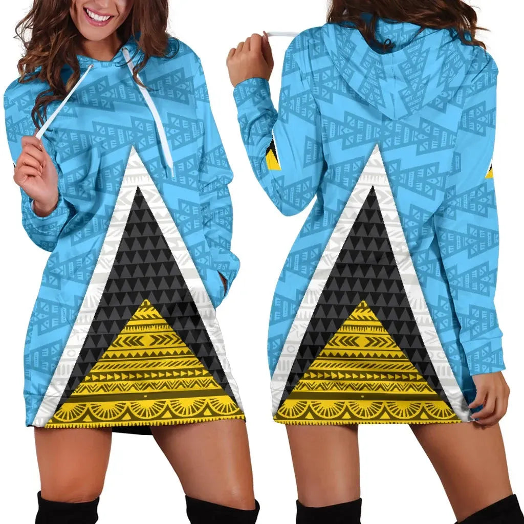 Saint Lucia Flag Hoodie Dress Triangle Cerulean Blue RLT6 - Wonder Print Shop