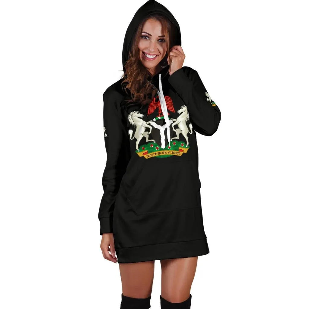 Black hoodie dress on model, hood up with white drawstrings, front white horse graphic