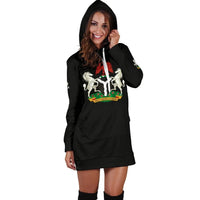 Black hoodie dress on model, hood up with white drawstrings, front white horse graphic