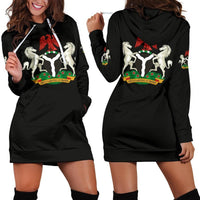Black hoodie dress with white drawstring hood, front pocket, front white horse graphic print
