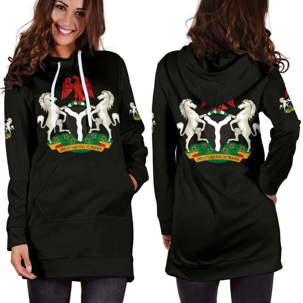 Black hoodie dress, side view with draped hood and large front white horse emblem print