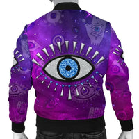Purple bomber jacket back view with cosmic symbols and centered blue eye graphic, black hem cuffs