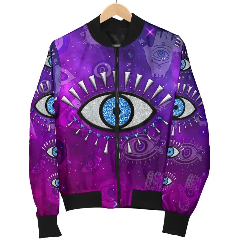 Purple bomber jacket on hanger: black cuffs/waistband, centered evil eye design