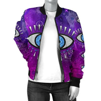 Purple bomber jacket with black ribbed hem, zipper front, evil eye graphic across chest