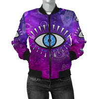 Purple bomber jacket with black ribbed cuffs and hem, bold evil eye motif