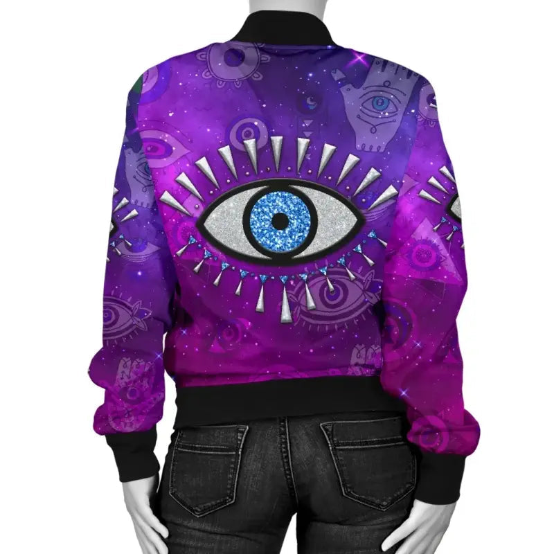 Purple bomber jacket back view: evil eye graphic, black ribbed cuffs and hem