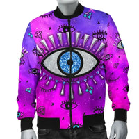 Pink/purple bomber jacket with black evil-eye graphic centered on the front