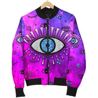Pink evil-eye bomber jacket laid flat, full front zip, black collar and ribbed hem