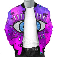 Front view men’s bomber jacket in pink with large evil-eye print and zip-up collar